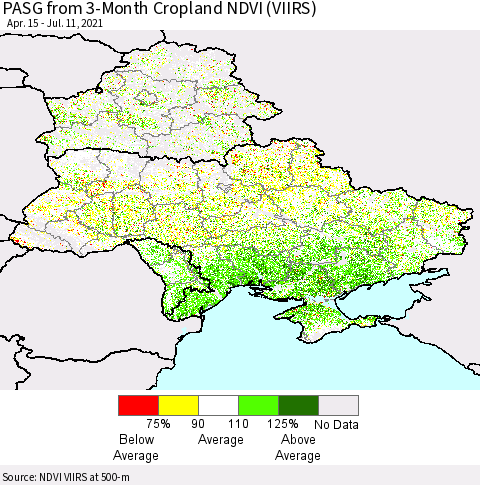 Ukraine, Moldova and Belarus PASG from 3-Month Cropland NDVI (VIIRS) Thematic Map For 7/4/2021 - 7/11/2021