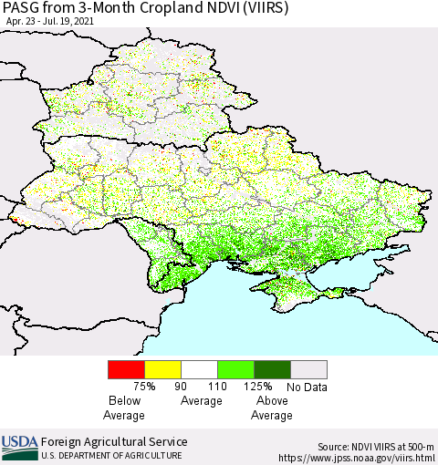 Ukraine, Moldova and Belarus PASG from 3-Month Cropland NDVI (VIIRS) Thematic Map For 7/11/2021 - 7/20/2021