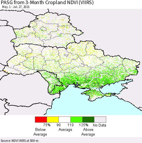 Ukraine, Moldova and Belarus PASG from 3-Month Cropland NDVI (VIIRS) Thematic Map For 7/20/2021 - 7/27/2021