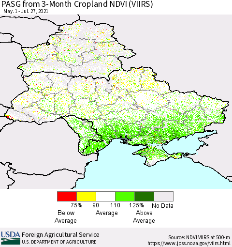 Ukraine, Moldova and Belarus PASG from 3-Month Cropland NDVI (VIIRS) Thematic Map For 7/21/2021 - 7/31/2021