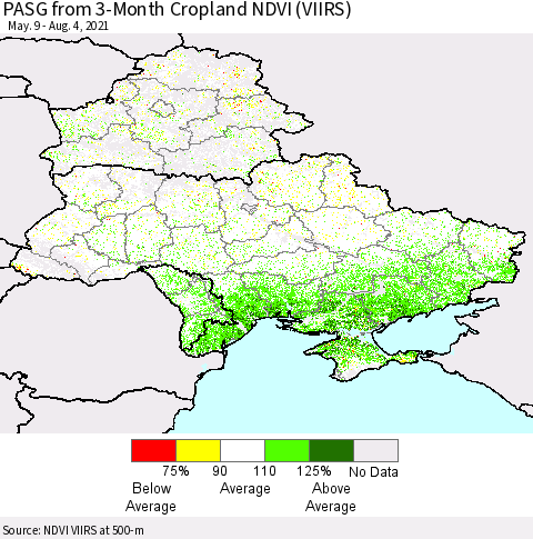Ukraine, Moldova and Belarus PASG from 3-Month Cropland NDVI (VIIRS) Thematic Map For 7/28/2021 - 8/4/2021