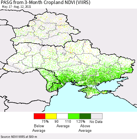 Ukraine, Moldova and Belarus PASG from 3-Month Cropland NDVI (VIIRS) Thematic Map For 8/5/2021 - 8/12/2021