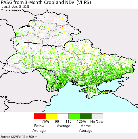 Ukraine, Moldova and Belarus PASG from 3-Month Cropland NDVI (VIIRS) Thematic Map For 8/21/2021 - 8/28/2021