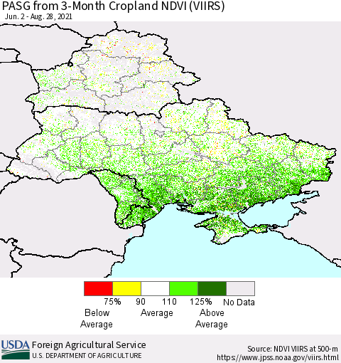 Ukraine, Moldova and Belarus PASG from 3-Month Cropland NDVI (VIIRS) Thematic Map For 8/21/2021 - 8/31/2021