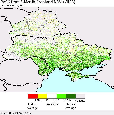 Ukraine, Moldova and Belarus PASG from 3-Month Cropland NDVI (VIIRS) Thematic Map For 8/29/2021 - 9/5/2021
