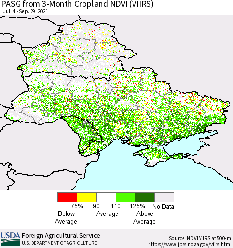 Ukraine, Moldova and Belarus PASG from 3-Month Cropland NDVI (VIIRS) Thematic Map For 9/21/2021 - 9/30/2021