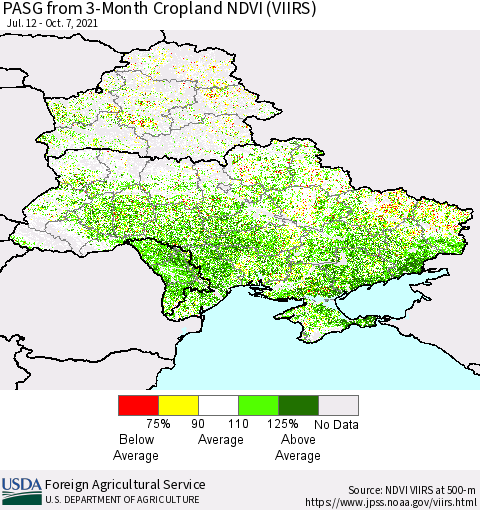 Ukraine, Moldova and Belarus PASG from 3-Month Cropland NDVI (VIIRS) Thematic Map For 10/1/2021 - 10/10/2021