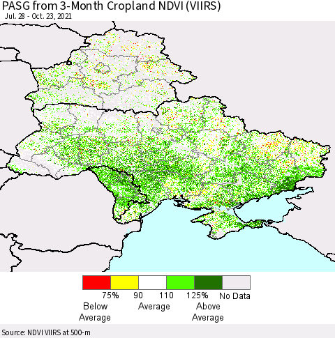 Ukraine, Moldova and Belarus PASG from 3-Month Cropland NDVI (VIIRS) Thematic Map For 10/16/2021 - 10/23/2021