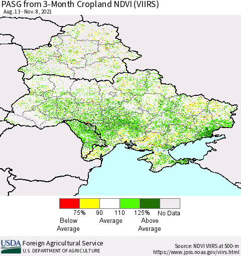 Ukraine, Moldova and Belarus PASG from 3-Month Cropland NDVI (VIIRS) Thematic Map For 11/1/2021 - 11/10/2021