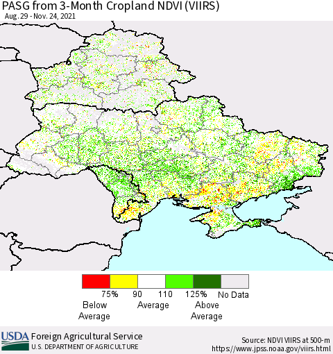 Ukraine, Moldova and Belarus PASG from 3-Month Cropland NDVI (VIIRS) Thematic Map For 11/21/2021 - 11/30/2021