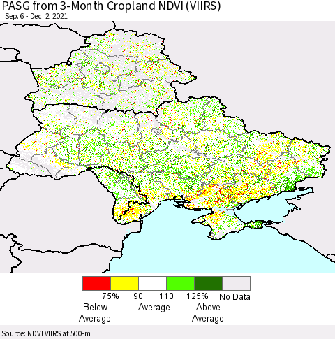 Ukraine, Moldova and Belarus PASG from 3-Month Cropland NDVI (VIIRS) Thematic Map For 11/25/2021 - 12/2/2021