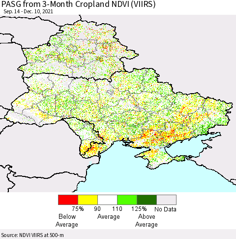 Ukraine, Moldova and Belarus PASG from 3-Month Cropland NDVI (VIIRS) Thematic Map For 12/1/2021 - 12/10/2021