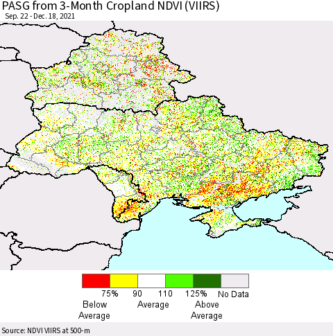 Ukraine, Moldova and Belarus PASG from 3-Month Cropland NDVI (VIIRS) Thematic Map For 12/11/2021 - 12/18/2021