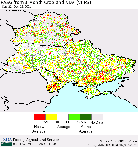 Ukraine, Moldova and Belarus PASG from 3-Month Cropland NDVI (VIIRS) Thematic Map For 12/11/2021 - 12/20/2021