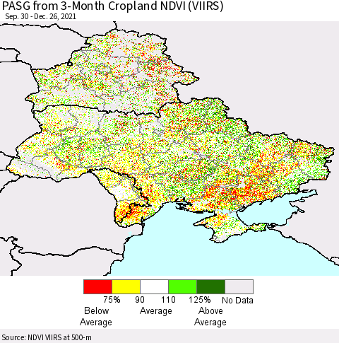 Ukraine, Moldova and Belarus PASG from 3-Month Cropland NDVI (VIIRS) Thematic Map For 12/19/2021 - 12/26/2021