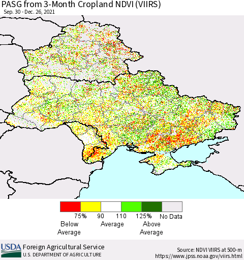 Ukraine, Moldova and Belarus PASG from 3-Month Cropland NDVI (VIIRS) Thematic Map For 12/21/2021 - 12/31/2021
