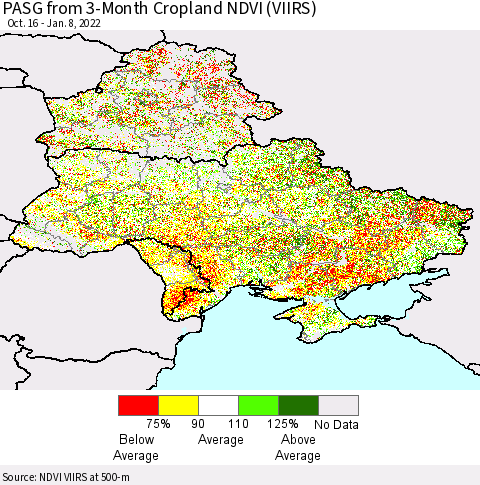 Ukraine, Moldova and Belarus PASG from 3-Month Cropland NDVI (VIIRS) Thematic Map For 1/1/2022 - 1/8/2022