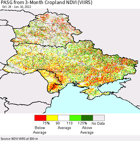 Ukraine, Moldova and Belarus PASG from 3-Month Cropland NDVI (VIIRS) Thematic Map For 1/9/2022 - 1/16/2022