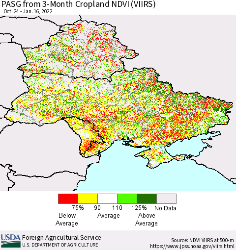 Ukraine, Moldova and Belarus PASG from 3-Month Cropland NDVI (VIIRS) Thematic Map For 1/11/2022 - 1/20/2022