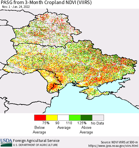 Ukraine, Moldova and Belarus PASG from 3-Month Cropland NDVI (VIIRS) Thematic Map For 1/21/2022 - 1/31/2022