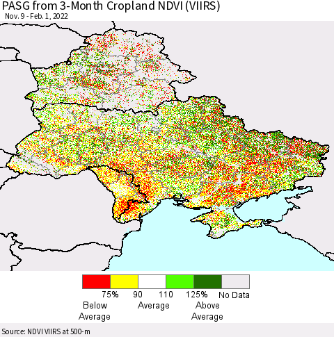 Ukraine, Moldova and Belarus PASG from 3-Month Cropland NDVI (VIIRS) Thematic Map For 1/25/2022 - 2/1/2022