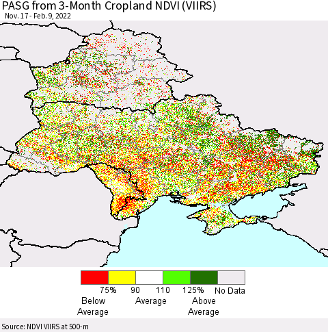 Ukraine, Moldova and Belarus PASG from 3-Month Cropland NDVI (VIIRS) Thematic Map For 2/2/2022 - 2/9/2022