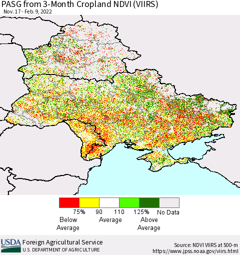 Ukraine, Moldova and Belarus PASG from 3-Month Cropland NDVI (VIIRS) Thematic Map For 2/1/2022 - 2/10/2022