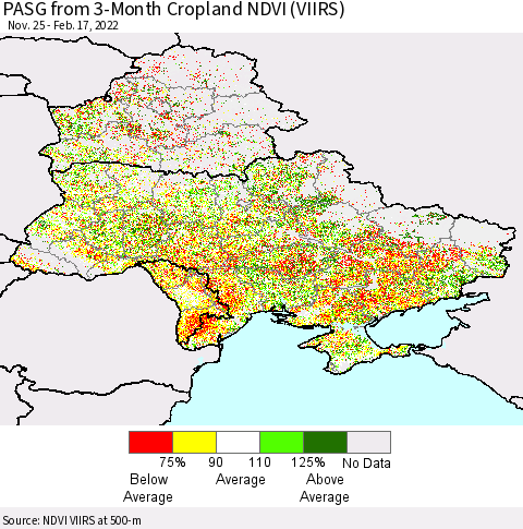 Ukraine, Moldova and Belarus PASG from 3-Month Cropland NDVI (VIIRS) Thematic Map For 2/10/2022 - 2/17/2022