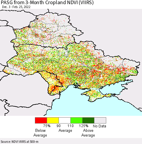 Ukraine, Moldova and Belarus PASG from 3-Month Cropland NDVI (VIIRS) Thematic Map For 2/18/2022 - 2/25/2022