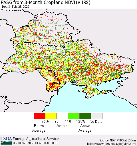 Ukraine, Moldova and Belarus PASG from 3-Month Cropland NDVI (VIIRS) Thematic Map For 2/21/2022 - 2/28/2022