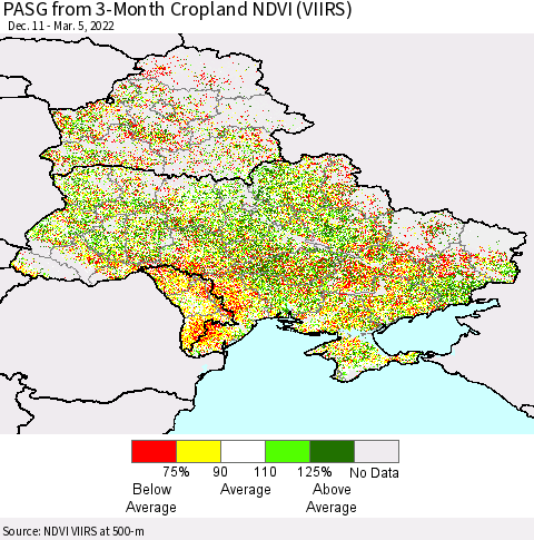 Ukraine, Moldova and Belarus PASG from 3-Month Cropland NDVI (VIIRS) Thematic Map For 2/26/2022 - 3/5/2022
