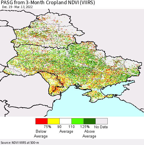 Ukraine, Moldova and Belarus PASG from 3-Month Cropland NDVI (VIIRS) Thematic Map For 3/6/2022 - 3/13/2022