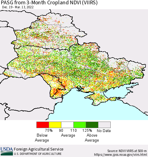 Ukraine, Moldova and Belarus PASG from 3-Month Cropland NDVI (VIIRS) Thematic Map For 3/11/2022 - 3/20/2022