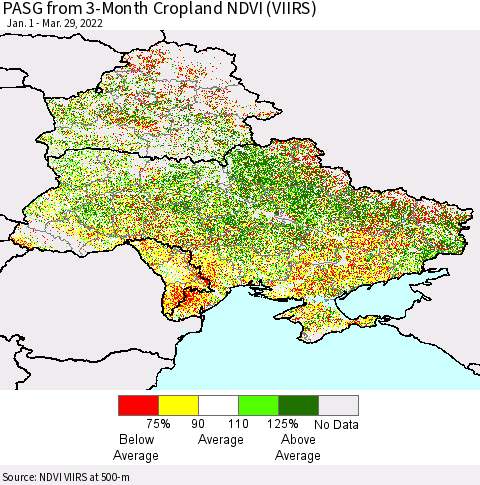 Ukraine, Moldova and Belarus PASG from 3-Month Cropland NDVI (VIIRS) Thematic Map For 3/22/2022 - 3/29/2022