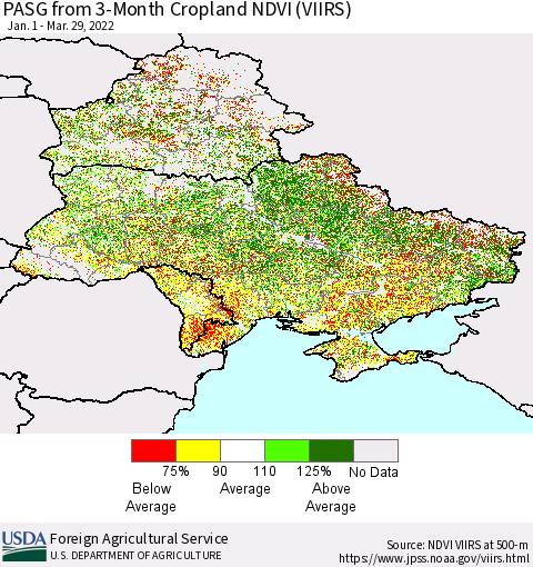 Ukraine, Moldova and Belarus PASG from 3-Month Cropland NDVI (VIIRS) Thematic Map For 3/21/2022 - 3/31/2022