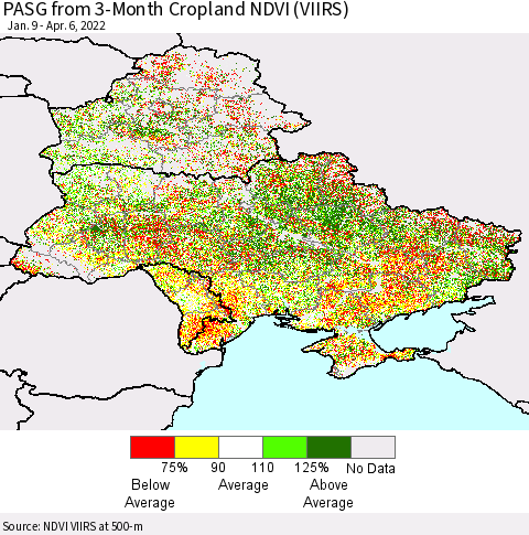Ukraine, Moldova and Belarus PASG from 3-Month Cropland NDVI (VIIRS) Thematic Map For 3/30/2022 - 4/6/2022