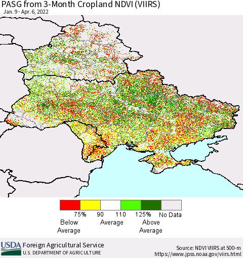 Ukraine, Moldova and Belarus PASG from 3-Month Cropland NDVI (VIIRS) Thematic Map For 4/1/2022 - 4/10/2022