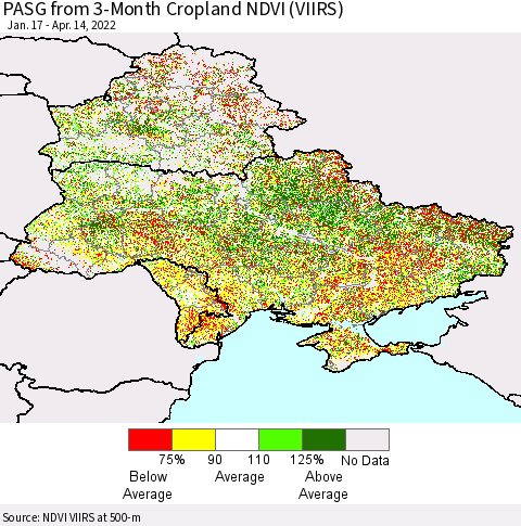Ukraine, Moldova and Belarus PASG from 3-Month Cropland NDVI (VIIRS) Thematic Map For 4/7/2022 - 4/14/2022