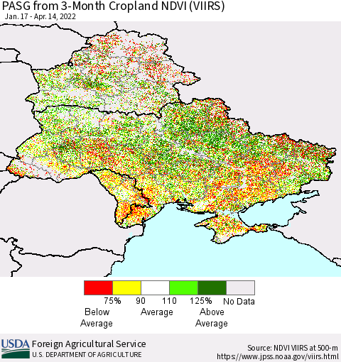 Ukraine, Moldova and Belarus PASG from 3-Month Cropland NDVI (VIIRS) Thematic Map For 4/11/2022 - 4/20/2022