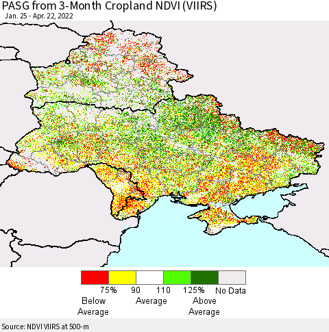 Ukraine, Moldova and Belarus PASG from 3-Month Cropland NDVI (VIIRS) Thematic Map For 4/15/2022 - 4/22/2022