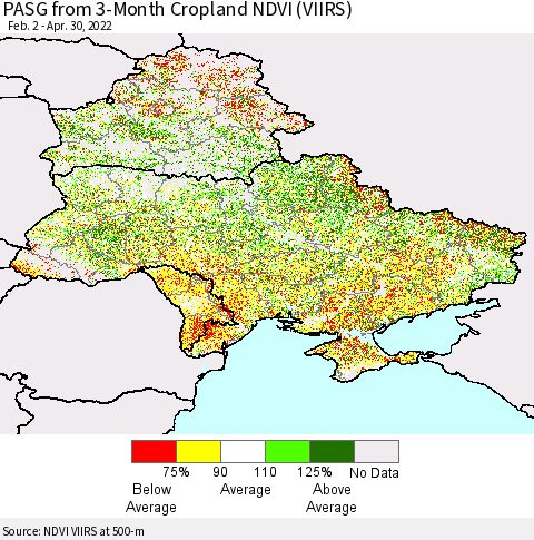 Ukraine, Moldova and Belarus PASG from 3-Month Cropland NDVI (VIIRS) Thematic Map For 4/21/2022 - 4/30/2022