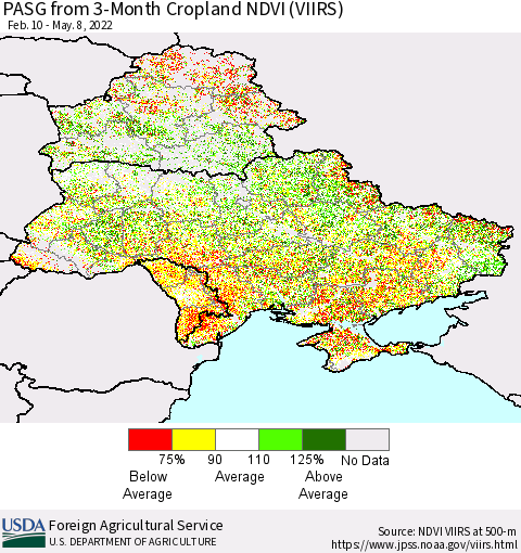 Ukraine, Moldova and Belarus PASG from 3-Month Cropland NDVI (VIIRS) Thematic Map For 5/1/2022 - 5/10/2022