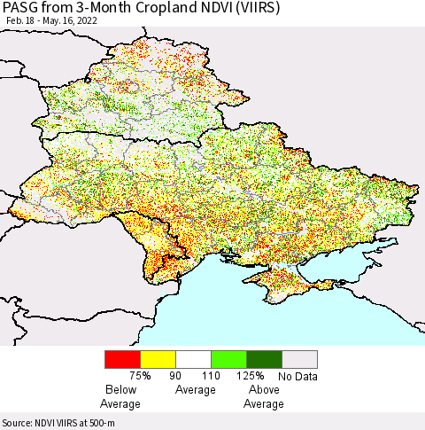 Ukraine, Moldova and Belarus PASG from 3-Month Cropland NDVI (VIIRS) Thematic Map For 5/9/2022 - 5/16/2022