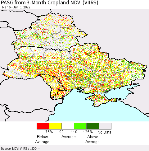 Ukraine, Moldova and Belarus PASG from 3-Month Cropland NDVI (VIIRS) Thematic Map For 5/25/2022 - 6/1/2022