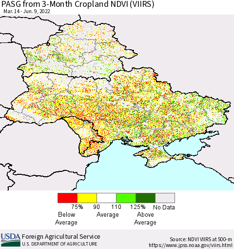 Ukraine, Moldova and Belarus PASG from 3-Month Cropland NDVI (VIIRS) Thematic Map For 6/1/2022 - 6/10/2022