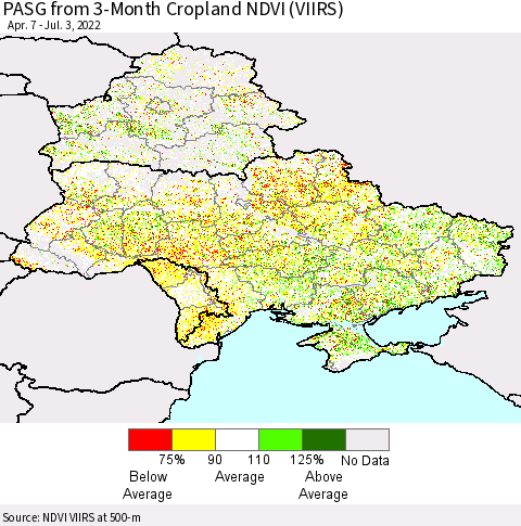 Ukraine, Moldova and Belarus PASG from 3-Month Cropland NDVI (VIIRS) Thematic Map For 6/26/2022 - 7/3/2022