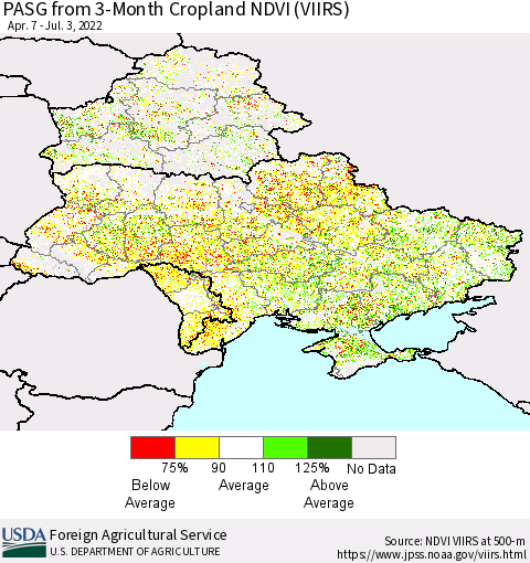 Ukraine, Moldova and Belarus PASG from 3-Month Cropland NDVI (VIIRS) Thematic Map For 7/1/2022 - 7/10/2022
