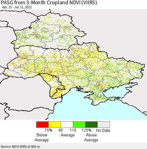 Ukraine, Moldova and Belarus PASG from 3-Month Cropland NDVI (VIIRS) Thematic Map For 7/4/2022 - 7/11/2022