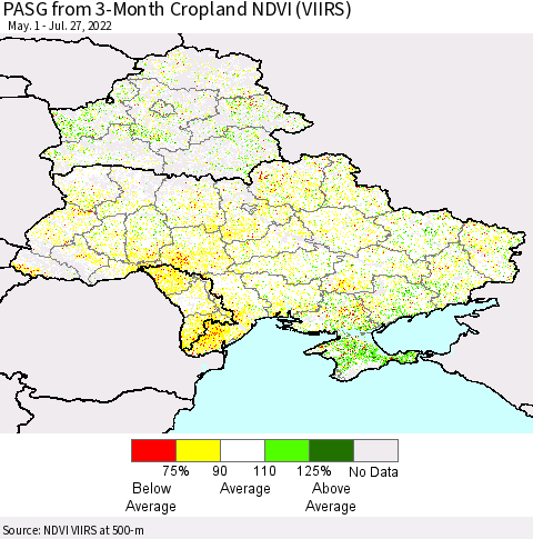 Ukraine, Moldova and Belarus PASG from 3-Month Cropland NDVI (VIIRS) Thematic Map For 7/20/2022 - 7/27/2022