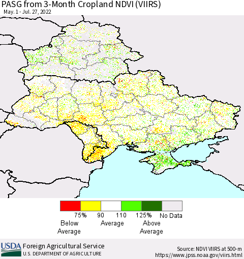 Ukraine, Moldova and Belarus PASG from 3-Month Cropland NDVI (VIIRS) Thematic Map For 7/21/2022 - 7/31/2022